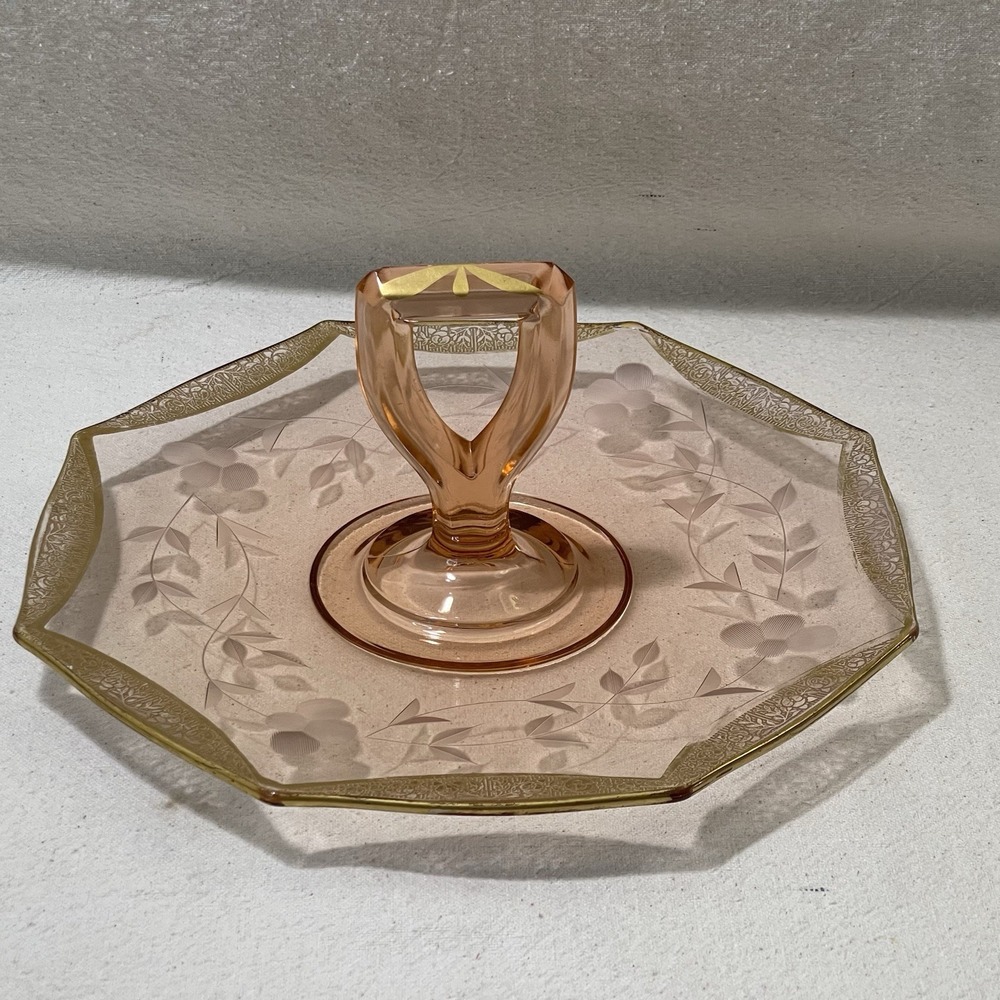 Vintage Pink Depression Glass Etched  Gold Trim Sandwich Server‎ Tray Handle